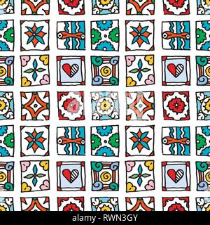 Seamless pattern of grunge tiles. Vintage Islam, Arabic, Indian, ottoman decorative design elements. Patchwork handdrawn motifs. Vector collection Stock Vector