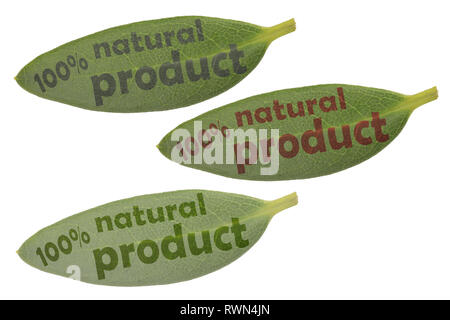 Three green leaves with the inscription 100% natural product and different shades and brightness Stock Photo