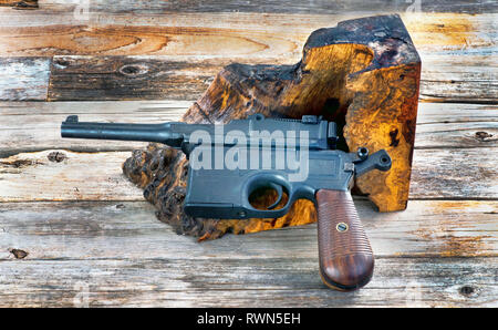 Antique German Broomhandle pistol made around 1926. Stock Photo