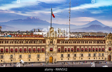 Presidential National Palace Balcony Snow Mountain Monument Zocalo Mexico City Mexico. Palace built by Cortez in 1500s. Balcony where Mexican Presiden Stock Photo