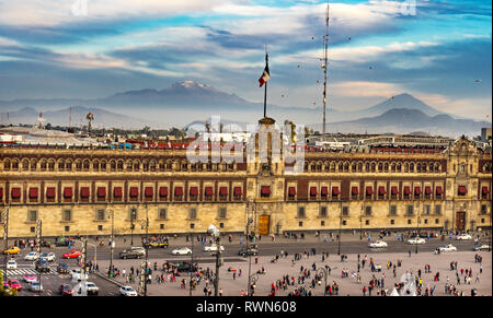 Presidential National Palace Balcony Snow Mountain Monument Zocalo Mexico City Mexico. Palace built by Cortez in 1500s. Balcony where Mexican Presiden Stock Photo