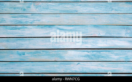 Turquoise bright colored old vintage wood table with horizontal boards. Grunge wooden background. Shabby chic France Provence style. Green blue sea co Stock Photo