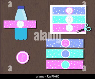 Printable water bottle label for party easter with eggs, hearts and rabbits. illustration delicate colors aquamarine turquoise, pink, blue. Silhouette Stock Vector