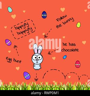 Vector card with jumping gray rabbit and scattered multi-colored eggs. Egg hunt. The rabbit has chocolate. Illustration with a thick outline on an ora Stock Vector