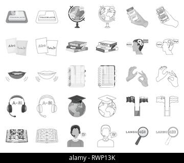 Translator and linguist monochrome,outline icons in set collection for design. Interpreter vector symbol stock  illustration. Stock Vector