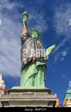 LAS VEGAS, NV, USA - FEBRUARY 2019: Replica of the Statue of Liberty in Las Vegas. It is draped in the shirt of the Golden Knights ice hockey team whi Stock Photo