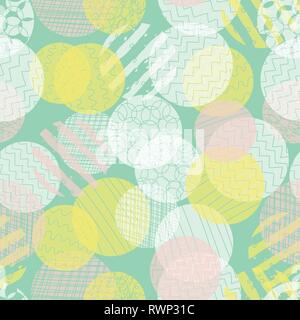 Modern abstract background. Layered textured circles seamless vector pattern. Dots different opacity pink, teal, yellow repeating backdrop. Use for Stock Vector