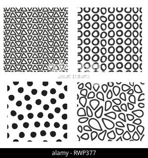 Seamless vector doodle textures set of 4. Repeating backgrounds of  black and white triangles, dots, mosaic shapes, circles. Monochrome pattern. Us Stock Vector