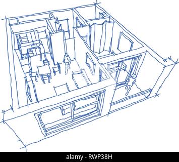 hand drawn sketch of Perspective cut away diagram of a one bedroom apartment completely furnished Stock Vector