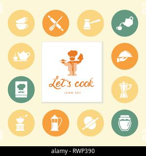 Set of clean line icons featuring various kitchen utensils and cooking related objects. Signs, icons, kitchen, restaurant, cafe, food, drinks, utensil Stock Vector