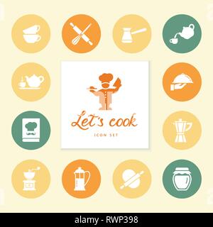 Set of clean line icons featuring various kitchen utensils and cooking related objects. Stock Vector