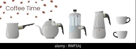 Set of realistic vector of coffee preparation. Cezve, coffee kettle, french press, moka pot and coffee cup for cafe. Isolated vector for coffee house, Stock Vector