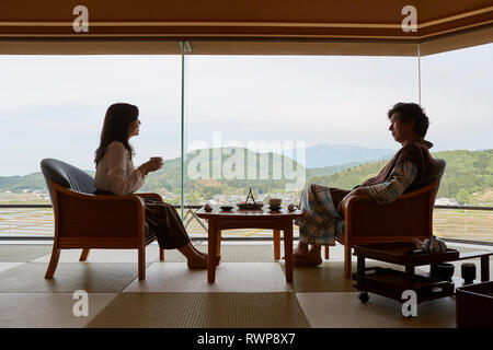 Japanese father and daughter at a traditional hotel Stock Photo