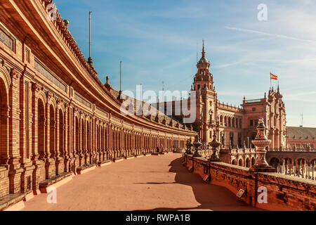 Seville, Spain - Dec 2018: First floor terrace facing the main central building at Spain Square Stock Photo