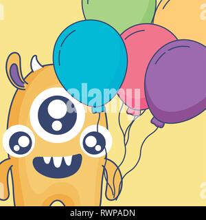 crazy monster with balloons helium character vector illustration design Stock Vector