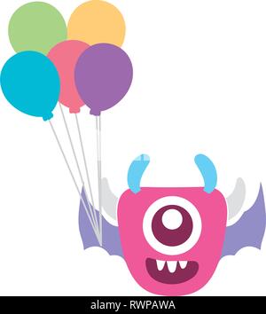 crazy monster with balloons helium character vector illustration design Stock Vector