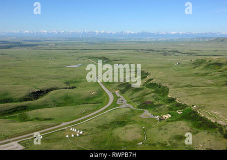 aerial, Head-Smashed-In-Buffalo-Jump Fort Macleod, Alberta Stock Photo