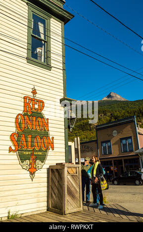 September 15, 2018 - Skagway, AK: Front of The Red Onion Saloon, Built in 1897, this historic brothel operates today as a restaurant, bar and museum. Stock Photo