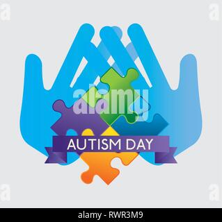 hands with puzzles and ribbon to autism day vector illustration Stock Vector