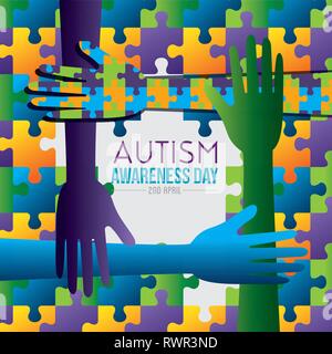 hands and puzzles background to autism day vector illustration Stock Vector