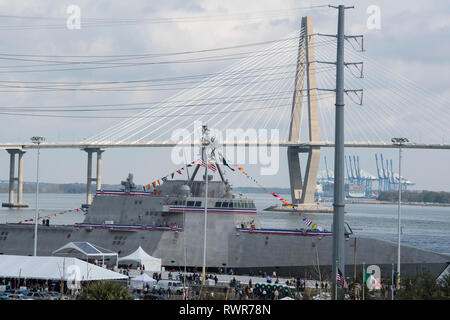 The USS Charleston (LCS-18) is docked at the Port of Charleston, S.C., after its commissioning ceremony March 2, 2019. The USS Charleston—a Littoral Combat Ship intended for more shallow waters than typical Navy vessels—is the sixth naval ship named after the city. Although the ship will be stationed in San Diego, CA, the captain and members of the crew will make annual trips to Charleston to interact with the city and work with the Navy League of Charleston to maintain the relationship between the namesake city and the ship. Stock Photo