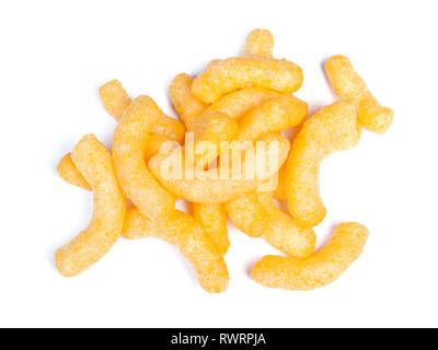 Sweet crunchy air corn sticks or snacks isolated on white background Stock Photo