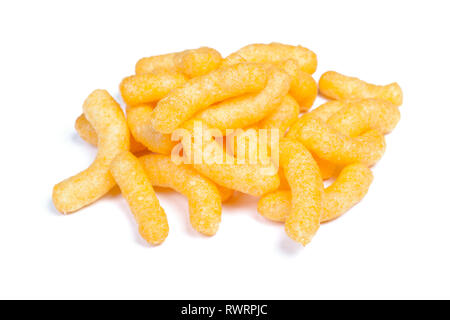 Sweet crunchy air corn sticks or snacks isolated on white background Stock Photo