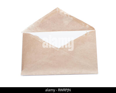 Old open envelope isolated on white background Stock Photo