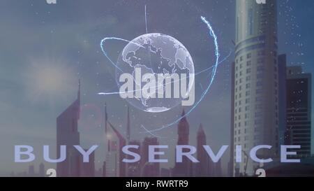 Buy service text with 3d hologram of the planet Earth against the backdrop of the modern metropolis. Futuristic animation concept Stock Photo