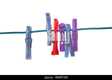 Colorful plastic clothes pin isolated on white background. Stock Photo