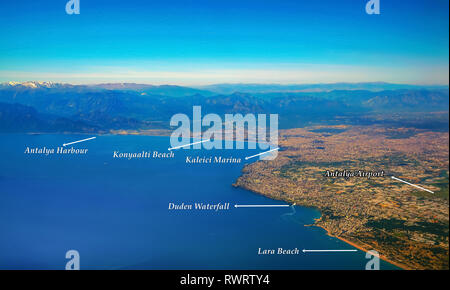 Aerial view of Antalya City with some touristic neighborhood's (not trademark) name shown on it. (Antalya Harbour, Konyaalti Beach,  Kaleici Marina, A Stock Photo