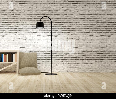 Floor lamp with bookcase on wooden floor and white bricks wall. Stock Photo