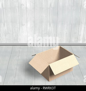 Opened cardboard box, on wooden wall and floor indoors background, high angle view. Stock Photo