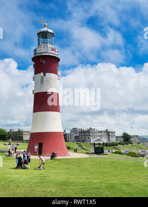 2 June 2018: Devon, UK - Smeaton's Tower is the third Eddystone Lighthouse, built by John Smeaton, which was dismantled and rebuilt on Plymouth Hoe as Stock Photo