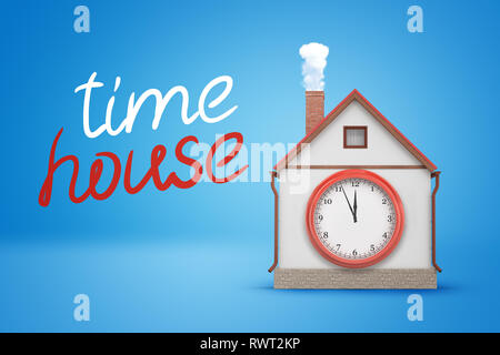 3d rendering of house with smoking chimney and big clock-face on wall and title 'time house' on blue background. Stock Photo