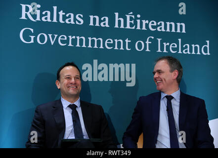 Taoiseach Leo Varadkar (left) with Minister for Education Joe McHugh during the Government's launch of their Action Plan for Education 2019 at the National College of Art and Design, Dublin. Stock Photo