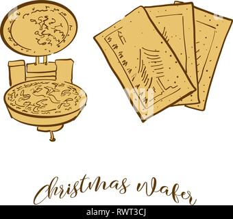 Colored sketches of Christmas wafer bread. Vector drawing of Crispy bread food, usually known in Eastern Europe. Colored Bread illustration series. Stock Vector