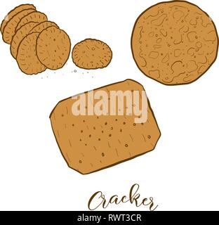 Colored sketches of Cracker bread. Vector drawing of Crispy bread food, usually known in International. Colored Bread illustration series. Stock Vector