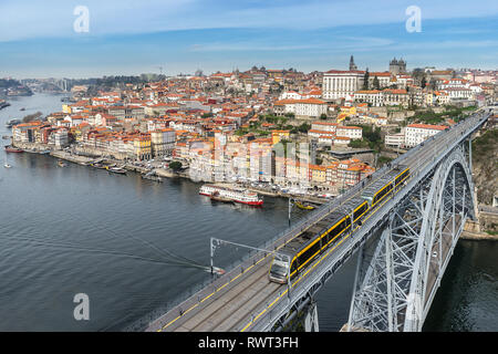 Looking across the Douro River to Riberia and the Dom Luis bridge in Porto Stock Photo