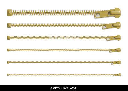 Set of closed zipper locks with different sizes, blank mockup. Realistic vector illustration Stock Vector