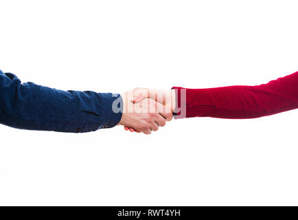Close up of man and woman handshake isolated on white. Equal human rights, fairness and no discrimination concept. Gender equity, business agreement p Stock Photo