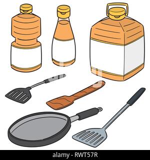 vector set of vegetable oil, pan and flipper Stock Vector