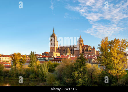 Beautiful panoramic view of the historic city of Salamanca with Rio Tormes and New Cathedral in autumn Stock Photo