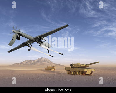 Drone attacking battle tanks Stock Photo