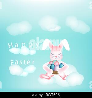 Easter bunny with a basket of colorful eggs napping on the clouds Inscription Happy Easter Stock Vector