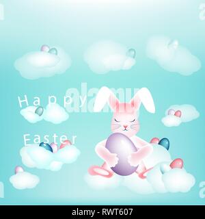 Easter bunny with colorful eggs napping on the clouds Copy space Inscription Happy Easter Stock Vector