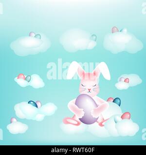 Easter bunny with colorful eggs napping on the clouds Copy space Stock Vector