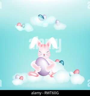 Easter bunny with colorful eggs napping on the clouds Copy space Stock Vector