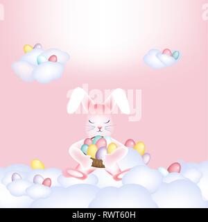 Easter bunny with colorful eggs napping on the clouds Copy space Stock Vector