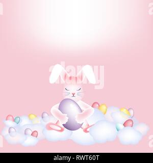 Easter bunny with colorful eggs napping on the clouds Copy space Stock Vector